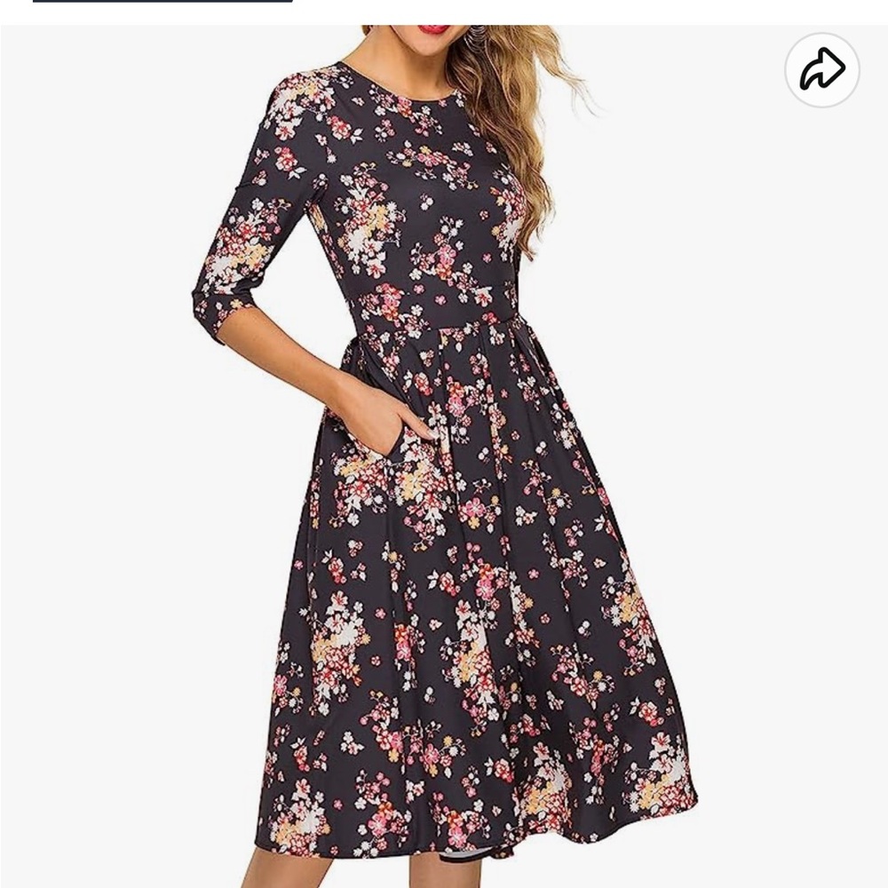 Women's Floral Vintage Dress Midi 3/4 Sleeves